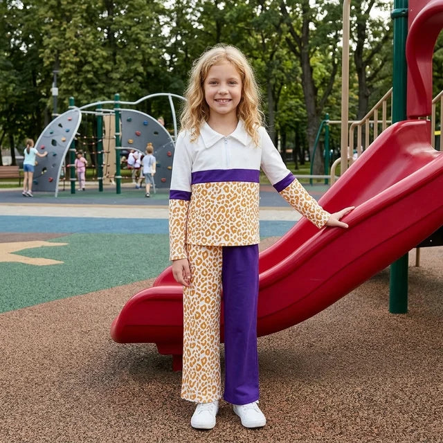 RTS NO MOQ （In stock）milk silk GLP3580 Baby Girls Color Block Purple Yellow Leopard Half Zip Collar Sweatshirt Wide Leg Pants Casual Outfit Set