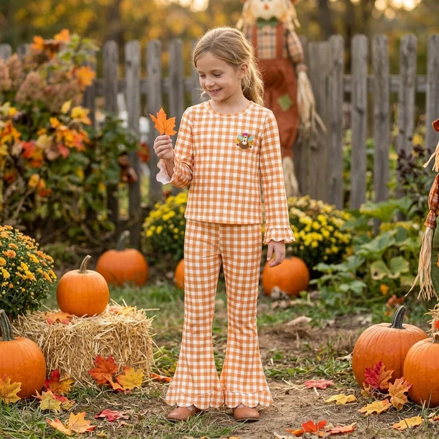 RTS NO MOQ （In stock）milk silk GLP3588 Embroidery Turkey Baby Girls Orange Checked Top Scallop Pant Thanksgivings Clothes Set