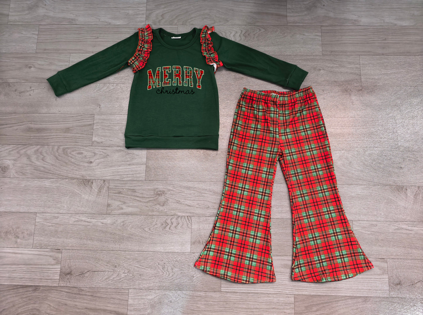 GLP3595 Sample No Moq milk silk Baby Girls Green Red Checked Top Flare Pant Merry Christmas Clothes Sets