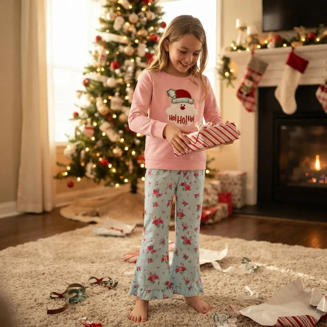RTS NO MOQ （In stock）milk silk GLP3596 Embroidery Hat Santa Flowers Baby Girls Top Flare Pant Christmas Clothes Sets Casual Outfit