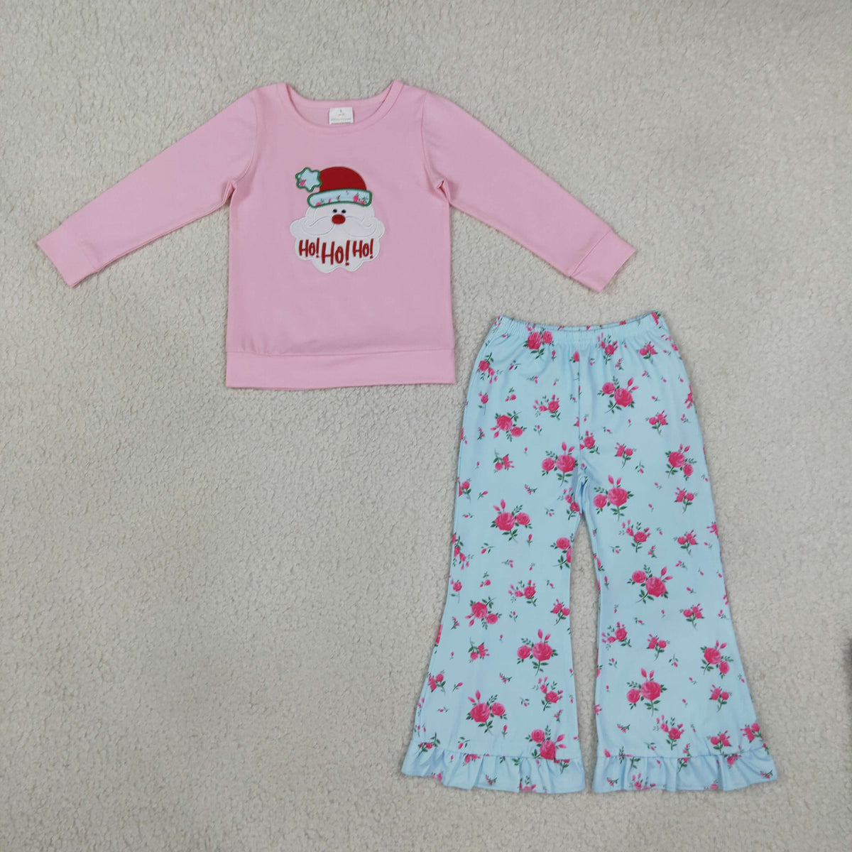 RTS NO MOQ （In stock）milk silk GLP3596 Embroidery Hat Santa Flowers Baby Girls Top Flare Pant Christmas Clothes Sets Casual Outfit