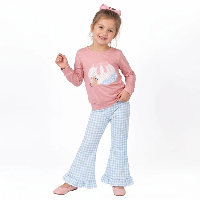 RTS NO MOQ milk silk GLP3598 Baby Girls Bow Pumpkins Mouse Top Checked Ruffle Flare Pant Fall Clothes Sets