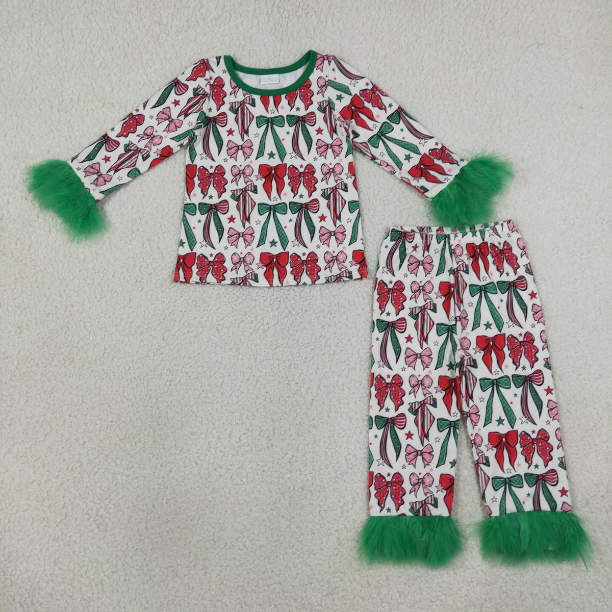 RTS NO MOQ （In stock） GLP3611 milk silk Baby Girls Green Red Bows Top Pants Fur Sleeves Christmas Pajamas Set Sleep Outfit