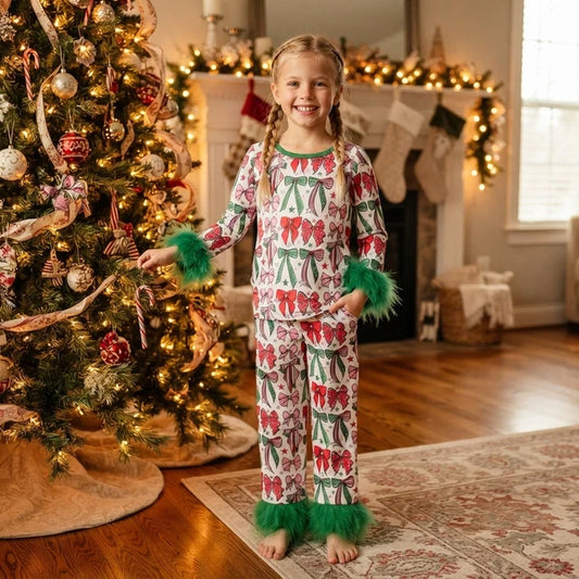 RTS NO MOQ （In stock） GLP3611 milk silk Baby Girls Green Red Bows Top Pants Fur Sleeves Christmas Pajamas Set Sleep Outfit