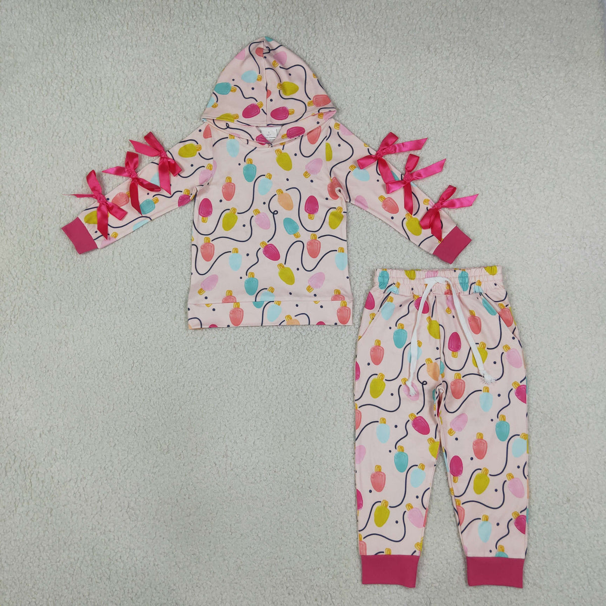 RTS NO MOQ （In stock） milk silk GLP3613 Baby Girls Colorful Lights Bows Hoodie Pockets Jogger Christmas Casual Set