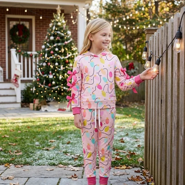 RTS NO MOQ （In stock） milk silk GLP3613 Baby Girls Colorful Lights Bows Hoodie Pockets Jogger Christmas Casual Set