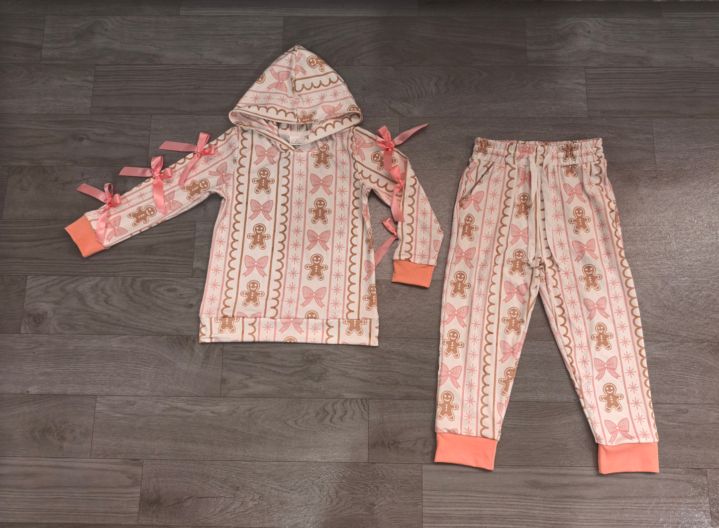 GLP3614 Sample No Moq Baby Girls Bows Gingerbread Hoodie Pockets Jogger Christmas Clothes Set