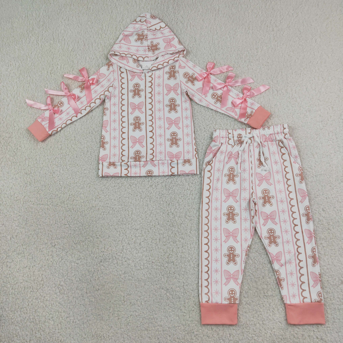 RTS NO MOQ milk silk GLP3614 Baby Girls Bows Gingerbread Hoodie Pockets Jogger Christmas Clothes Set