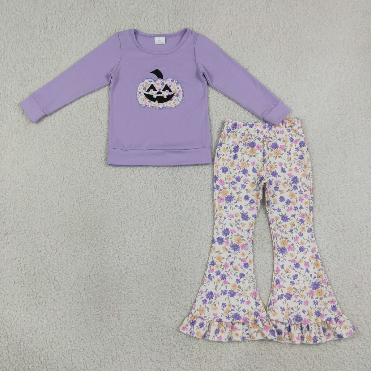 RTS NO MOQ milk silk GLP3618 Embroidery Flowers Ghost Pumpkins Baby Girls Ruffle Bell Bottom Pant Halloween Set