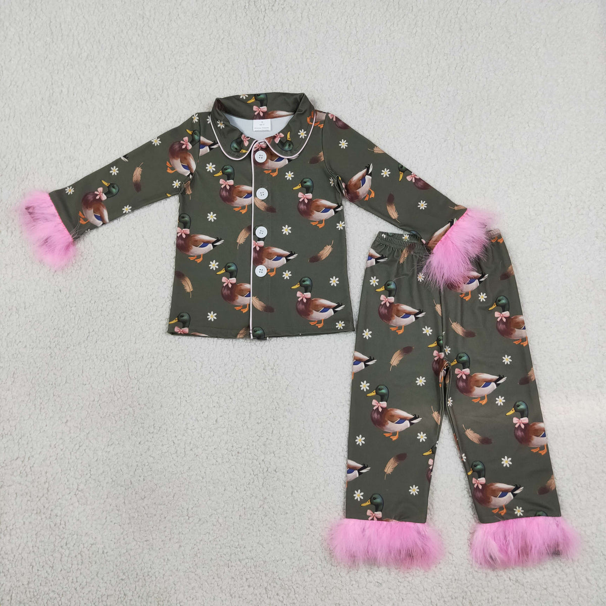 RTS NO MOQ （In stock）milk silk GLP3629 Baby Girls Flowers Ducks Button Top Pant Fur Sleeves Hunting Pajamas Set