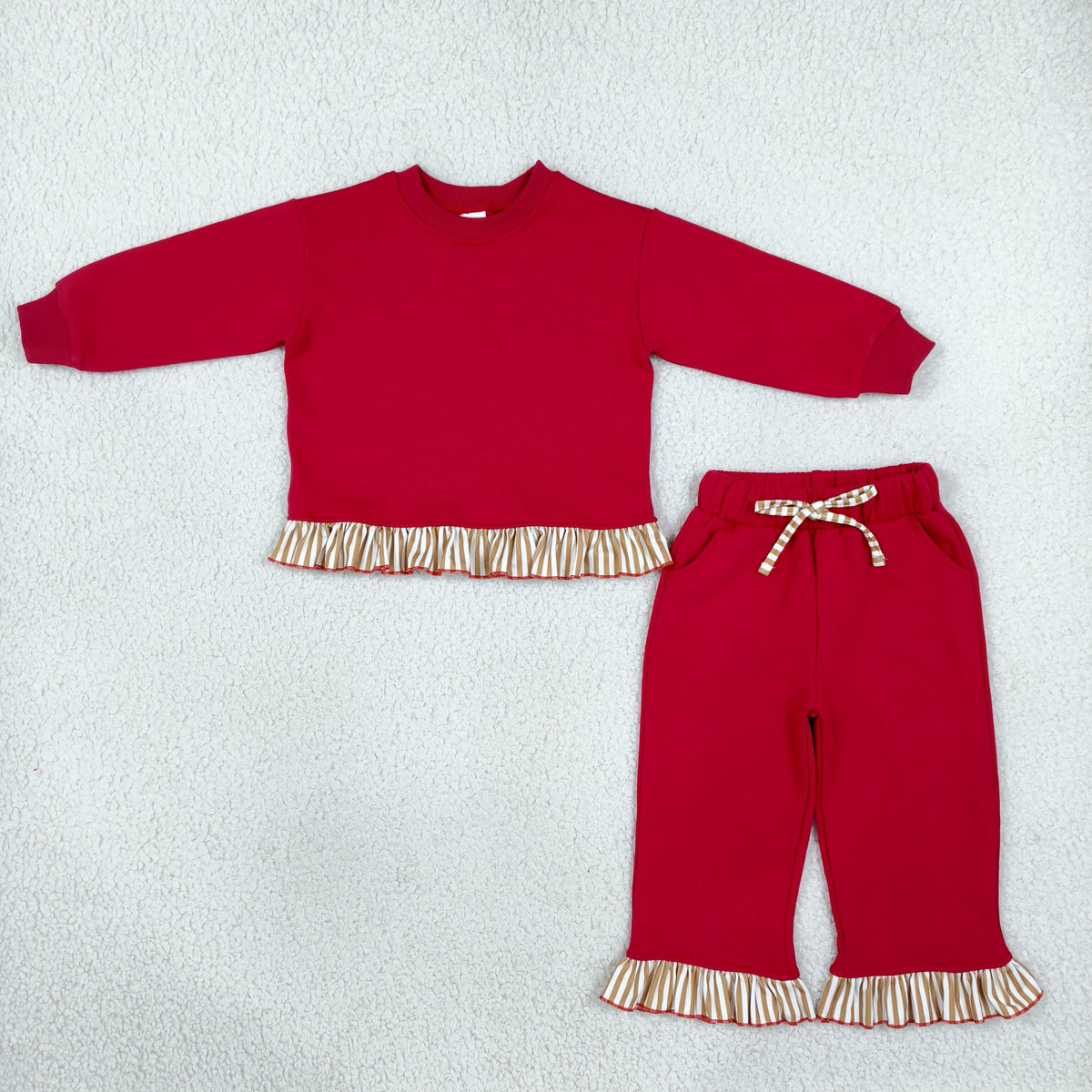 RTS NO MOQ （In stock）fleece GLP3644 Sweatshirt Material Kids Girls Red Long Sleeve Top Pockets Pants Sweatshirt Clothes Set Fall Outfit
