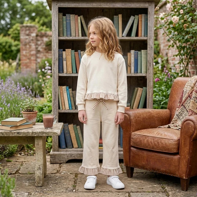 RTS NO MOQ （In stock）fleece GLP3645 Sweatshirt Material Kids Girls Beige Long Sleeve Top Pockets Pants Sweatshirt Fall Outfit