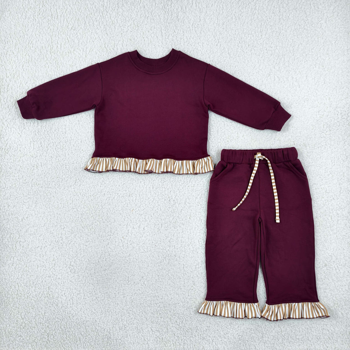 RTS NO MOQ （In stock）cotton GLP3647 Sweatshirt Material Kids Girls Maroon Long Sleeve Top Pockets Pants Sweatshirt Set