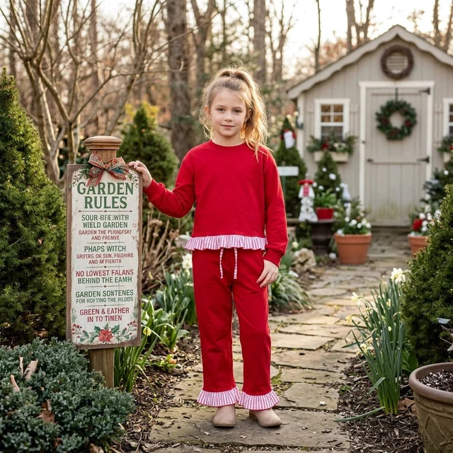 RTS NO MOQ （In stock） fleece GLP3648 Sweatshirt Material Kids Girls Red Long Sleeve Top Pockets Pants Sweatshirt Clothes Set Fall Outfit