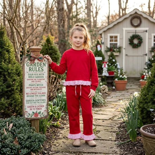 RTS NO MOQ （In stock） fleece GLP3648 Sweatshirt Material Kids Girls Red Long Sleeve Top Pockets Pants Sweatshirt Clothes Set Fall Outfit