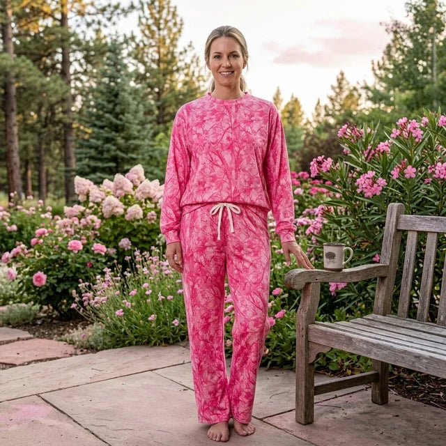 RTS NO MOQ （In stock）milk silk GLP3651 （GT1824+P1138）Adult Women Hot Pink Tree Camo Print Neck Long Sleeve Sweatshirt Pants Casual Outfit Set