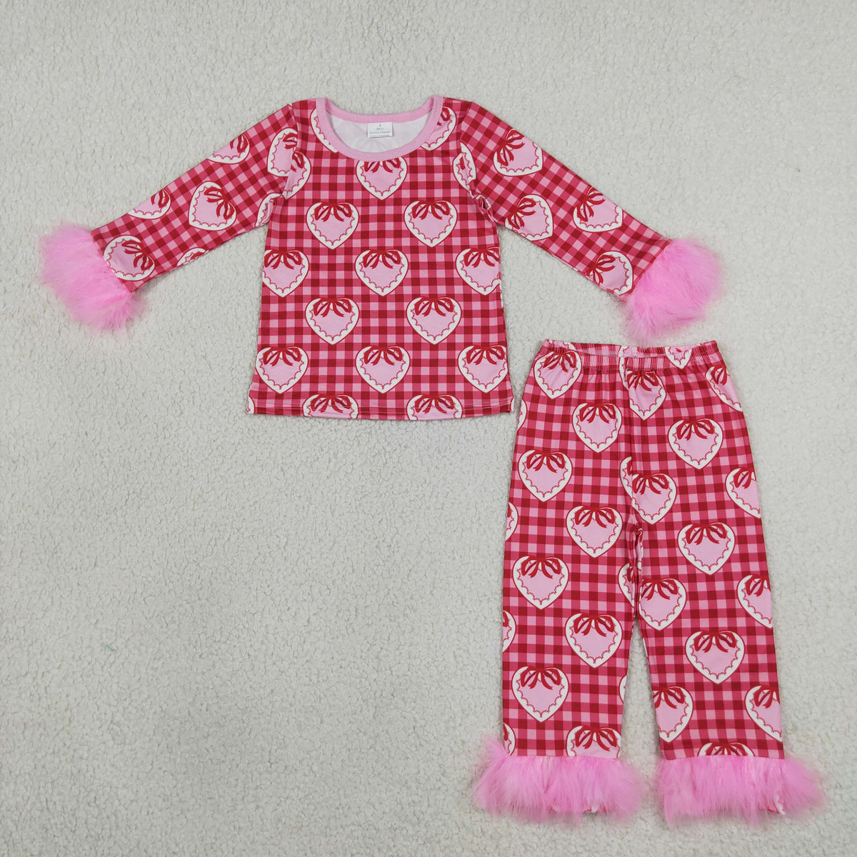 RTS NO MOQ （In stock） GLP3669 milk silk Baby Girls Heart Bow Print Fur Long Sleeve Crew Neck Top Pant Pajamas Valentines Set