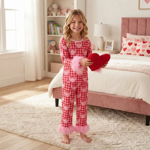 RTS NO MOQ （In stock） GLP3669 milk silk Baby Girls Heart Bow Print Fur Long Sleeve Crew Neck Top Pant Pajamas Valentines Set