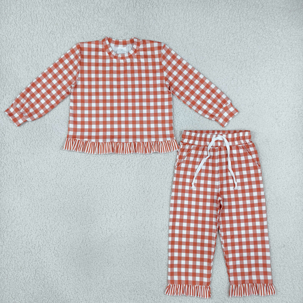 RTS NO MOQ （In stock）milk silk GLP3672 Baby Girls Orange Checked Long Sleeve Top Side Pockets Ruffle Pant Fall Clothes Set