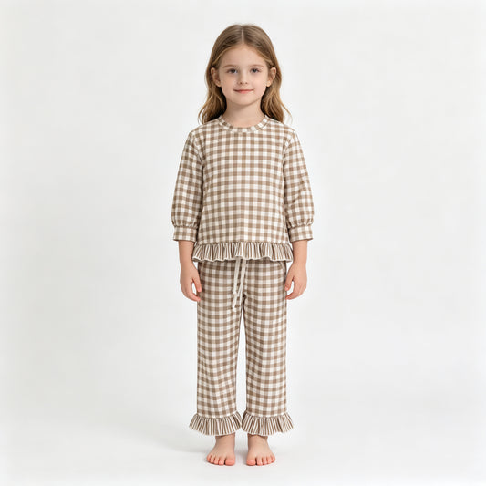 GLP3674 Sample No Moq Baby Girls Green Checked Top Ruffle Pant Clothes Set