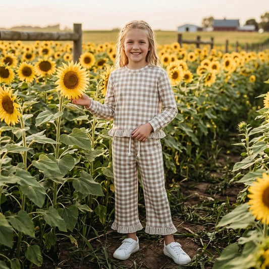 RTS NO MOQ （In stock）milk silk GLP3674 Baby Girls Plaid Checked Top Ruffle Pant Set