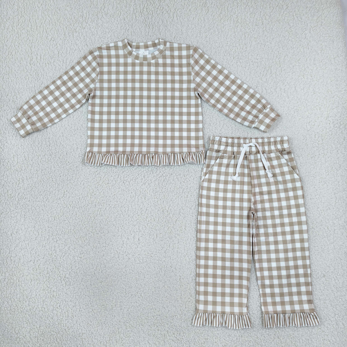 RTS NO MOQ （In stock）milk silk GLP3674 Baby Girls Plaid Checked Top Ruffle Pant Set