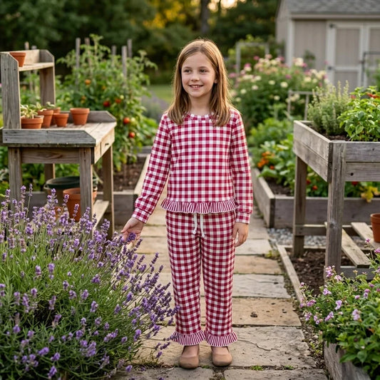 RTS NO MOQ （In stock）milk silk GLP3675 Baby Girls Long Sleeve Plaid Checked Top Ruffle Pant Outfit
