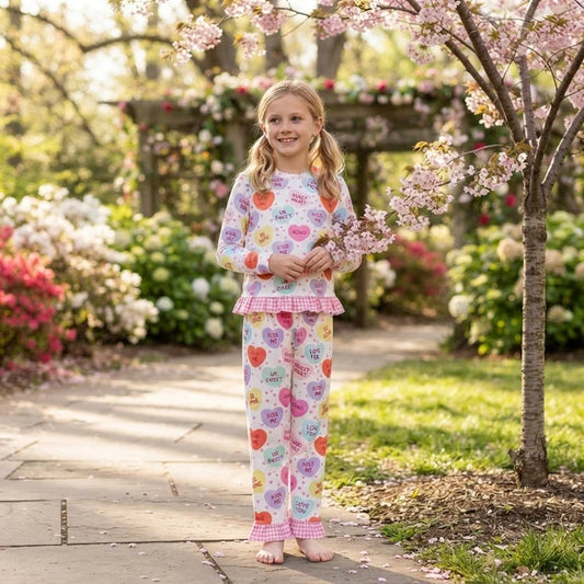 RTS NO MOQ （In stock）milk silk GLP3676 Baby Girls Valentines Heart Print Long Sleeve Ruffle Top And Drawstring Ruffle Pants Pajamas Set