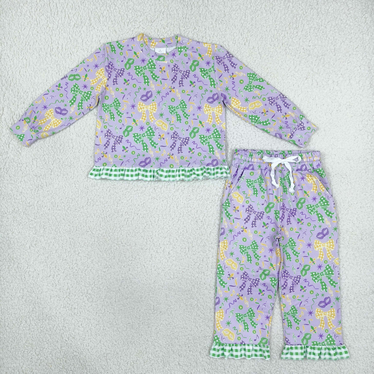 RTS NO MOQ （In stock）milk silk GLP3680 Baby Girls Bows Print Long Sleeve Top Side Pockets Ruffle Pant Clothes Set