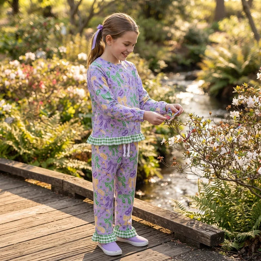 RTS NO MOQ （In stock）milk silk GLP3680 Baby Girls Bows Print Long Sleeve Top Side Pockets Ruffle Pant Clothes Set