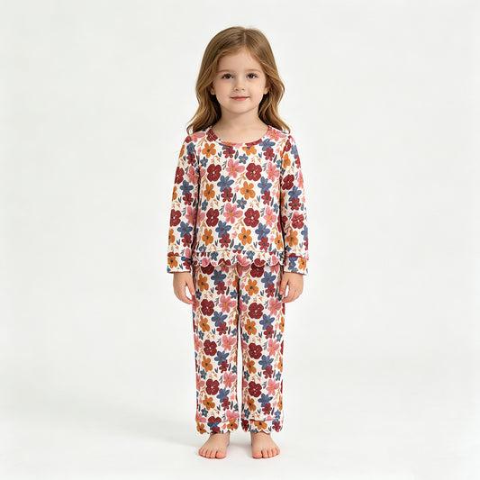 GLP3690 Sample No Moq Baby Girls Long Sleeve Colorful Flowers Top Pants Fall Scallop Clothes Set