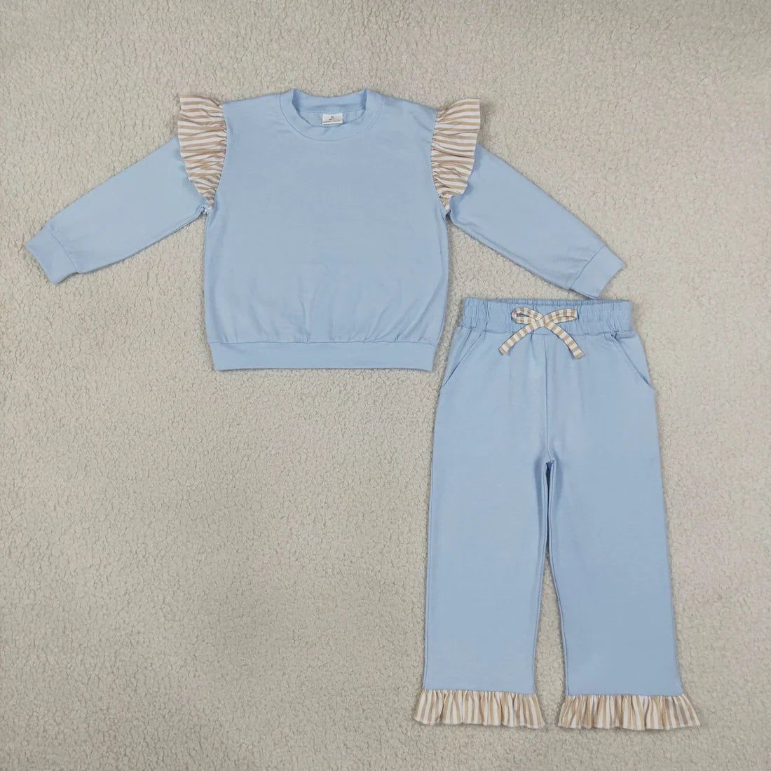 RTS NO MOQ Sibling cotton Baby Girls Solid Color Stripe Ruffle Sleeve Top Ruffle Hem Pant Clothes Set