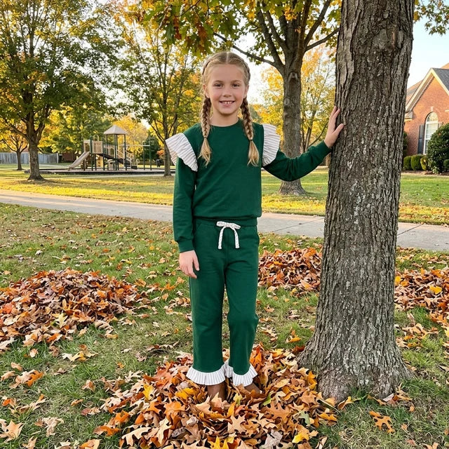 RTS NO MOQ （In stock）Cotton cotton GLP3698（GT1845+P1154）Baby Girls Green Stripe Flutter Sleeve Top Pockets Ruffle Pant Clothes Set