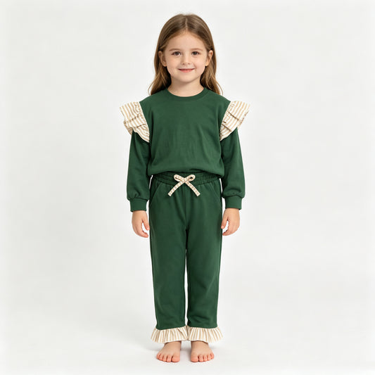 GLP3698（GT1845+P1154）Sample No Moq Baby Girls Green Stripe Flutter Sleeve Top Pockets Ruffle Pant Clothes Set