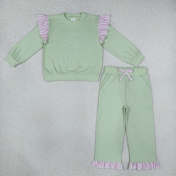 RTS NO MOQ Sibling cotton Baby Girls Solid Color Stripe Ruffle Sleeve Top Ruffle Hem Pant Clothes Set