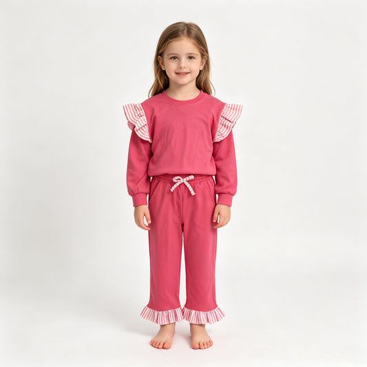GLP3701（GT1848+P1157） Sample No Moq Baby Girls Watermelon Red Stripe Flutter Sleeve Top Pockets Ruffle Pant Clothes Set