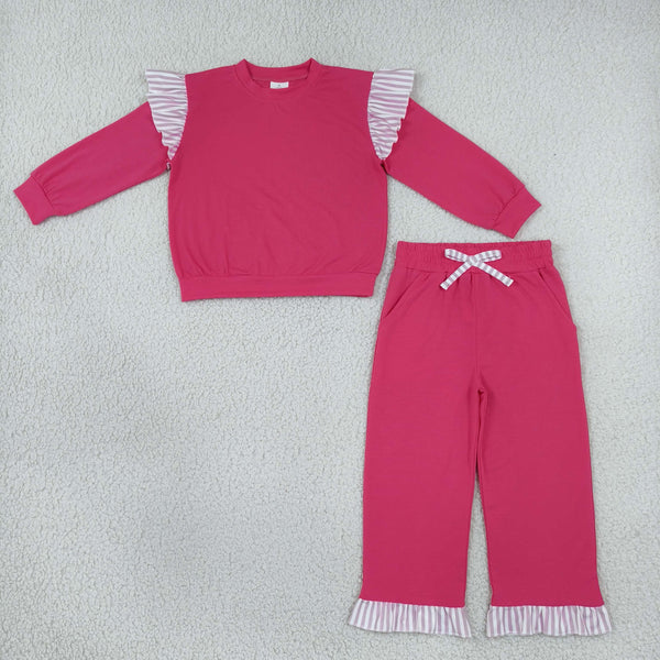 RTS NO MOQ Sibling cotton Baby Girls Solid Color Stripe Ruffle Sleeve Top Ruffle Hem Pant Clothes Set