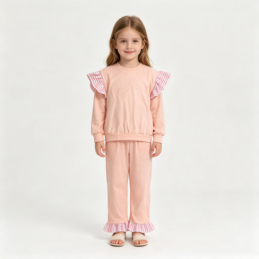 GLP3702（GT1849+P1151） Sample No Moq Baby Girls Light Pink Stripe Flutter Sleeve Top Pockets Ruffle Pant Clothes Set