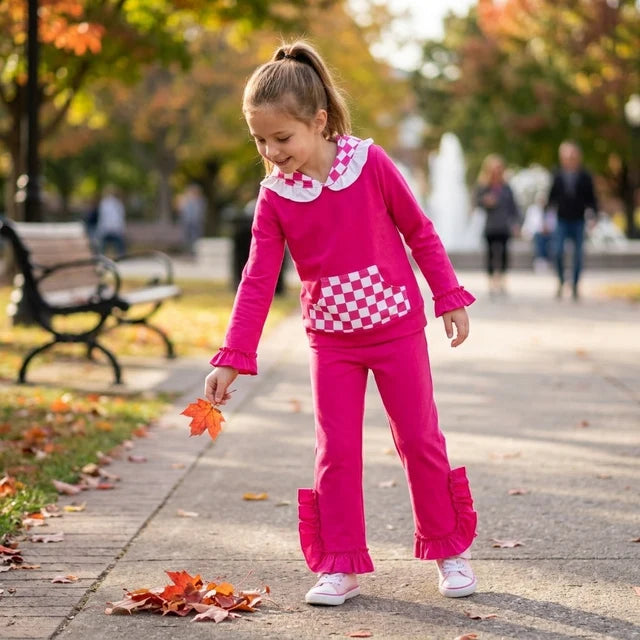 RTS NO MOQ （In stock）cotton GLP3709（GT1851+P1161）Baby Girls Hot Pink Checked Pocket Hoodie Ruffle Pant Outfit