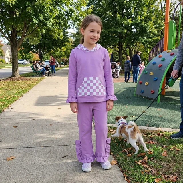 RTS NO MOQ （In stock） milk silk GLP3710（GT1852+P1162）Baby Girls Lavender Checked Pocket Hoodie Ruffle Pant Casual Outfit
