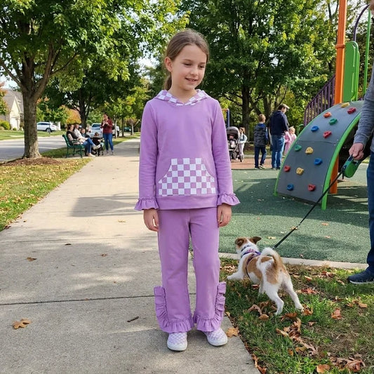 RTS NO MOQ （In stock） milk silk GLP3710（GT1852+P1162）Baby Girls Lavender Checked Pocket Hoodie Ruffle Pant Casual Outfit