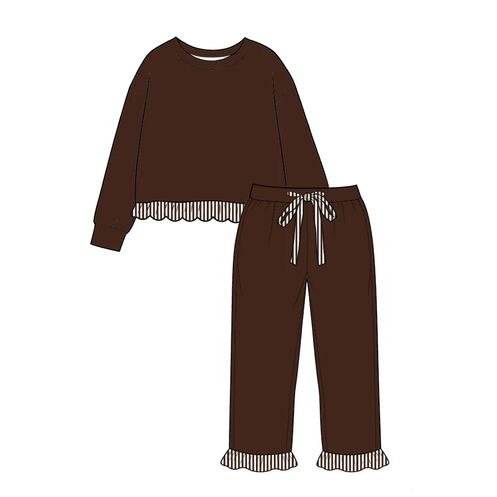 (Preorder new) No moq GLP3710 Baby Girls Maroon Solid Long Sleeve Top With Ruffle Hem And Ruffle Cuff Drawstring Pant Set