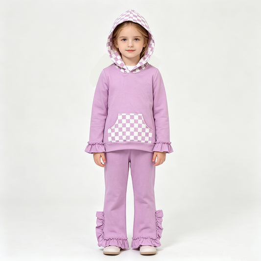 GLP3710（GT1852+P1162） Sample No Moq milk silk Baby Girls Lavender Checked Pocket Hoodie Ruffle Pant Clothes Set