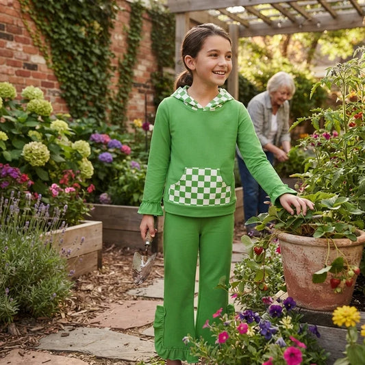 RTS NO MOQ （In stock） milk silk GLP3714（GT1855+P1165）Baby Girls Green Checked Pocket Long Sleeve Hoodie Ruffle Pant Outfit