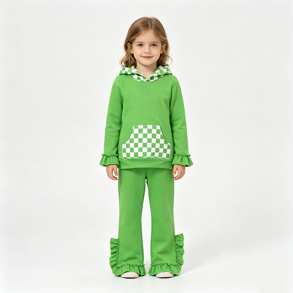 GLP3714（GT1855+P1165） Sample No Moq milk silk Baby Girls Green Checked Pocket Hoodie Ruffle Pant Clothes Set