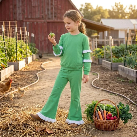 RTS NO MOQ （In stock）cotton GLP3717（GT1858+P1168）Baby Girls Green White Long Sleeve Top Flare Pants Clothes Set