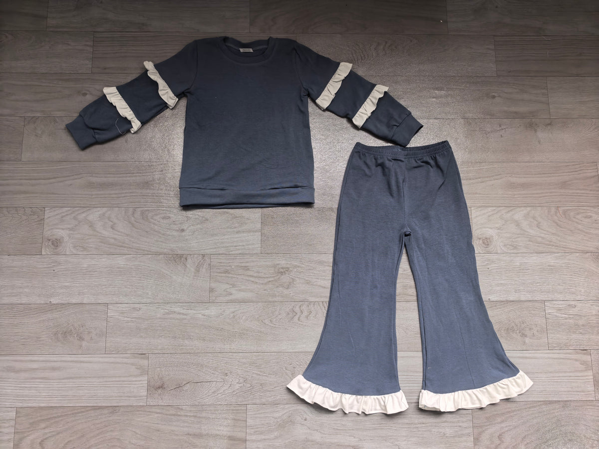 GLP3720（GT1861+P1171）Sample No Moq Baby Girls Navy White Long Sleeve Top White Ruffle Bell Bottom Clothes Set