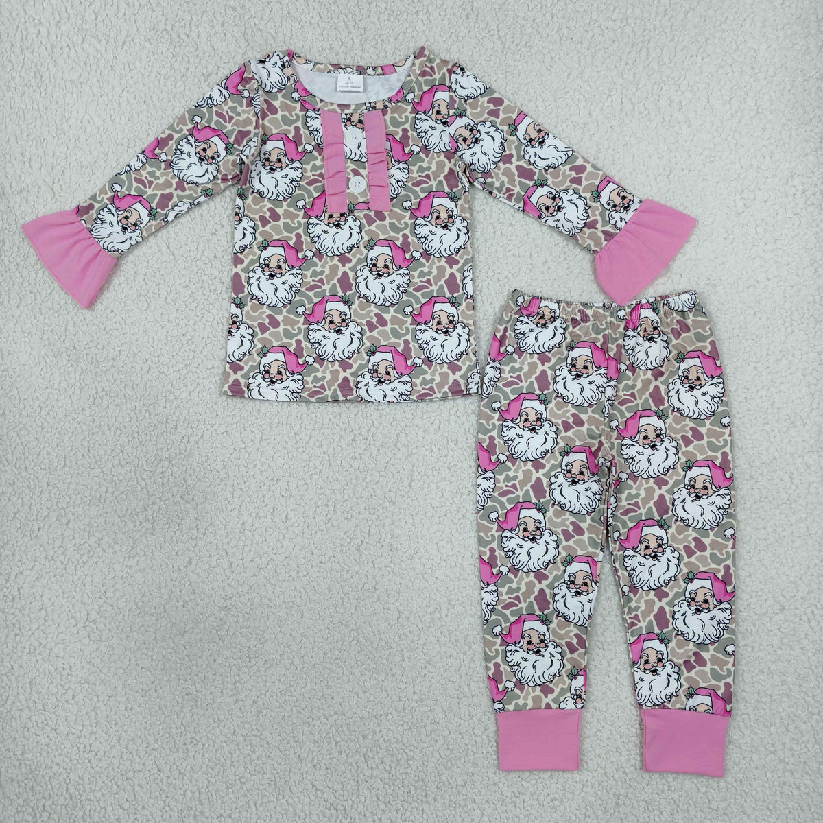 RTS NO MOQ In stock）milk silk GLP3734 Baby Girls Christmas Khaki Camo Santa Button Detail Top Elastic Waist Pant Pajamas Set