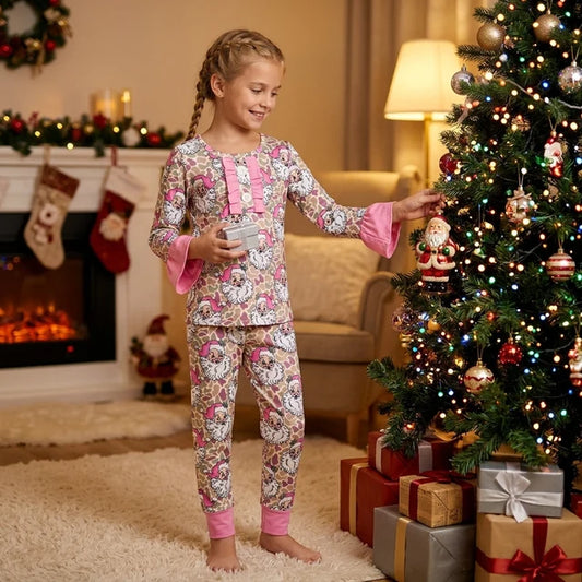 RTS NO MOQ In stock）milk silk GLP3734 Baby Girls Christmas Khaki Camo Santa Button Detail Top Elastic Waist Pant Pajamas Set