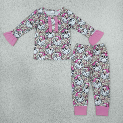 RTS NO MOQ Sibling milk silk Baby Girls And Boys Santa Camo Print Christmas Zipper Romper And Long Sleeve Ruffle Top Pants Pajamas Clothes Set